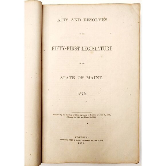 1872 Acts & Resolves State Of Maine 1st Edition 51st Legislature Public Law F5 - Picture 3 of 7